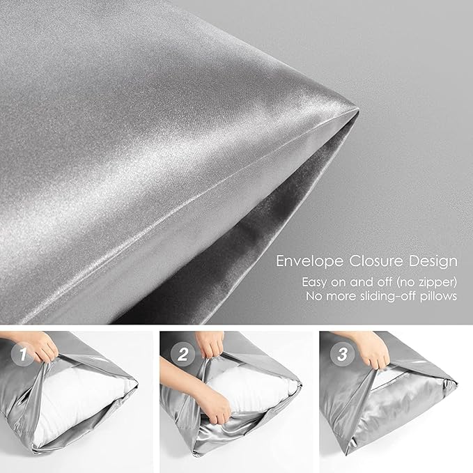 Satin Pillowcase for Hair and Skin, Vegan Silk Pillowcase Set-2 Satin Pillowcases, 1 Eye Mask, 1 Scrunchie-Luxury Sleep Set, Silver Gray Pillow Cases with Envelope Closure Standard Size