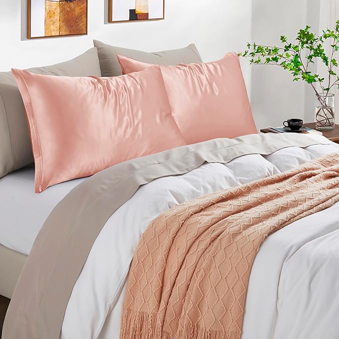 Rose Gold Satin Pillowcases with Zipper （20x30）,Queen Size Pillowcases Set of 2, Rose Gold Silk Pillowcase for Hair and Skin
