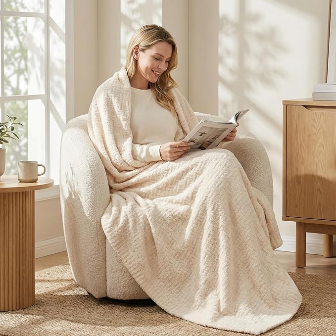 Buttery Soft Knit Throw Blanket 50x60 for Couch, Reversible Decorative Sofa Blanket, Lightweight Warm Microfiber Knitted Throw for Living Room, Bed, Farmhouse Cozy Gift, Ivory White