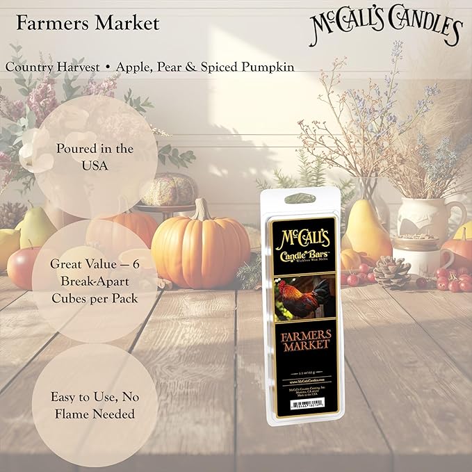McCall’s Candles | Farmers Market | Scented Wax Melt | Nutmeg, Cinnamon, Orange & Clove | 6-Piece Break-Apart Bar | 12–24 Hours Per Wedge | Poured in the USA | 5.5 oz