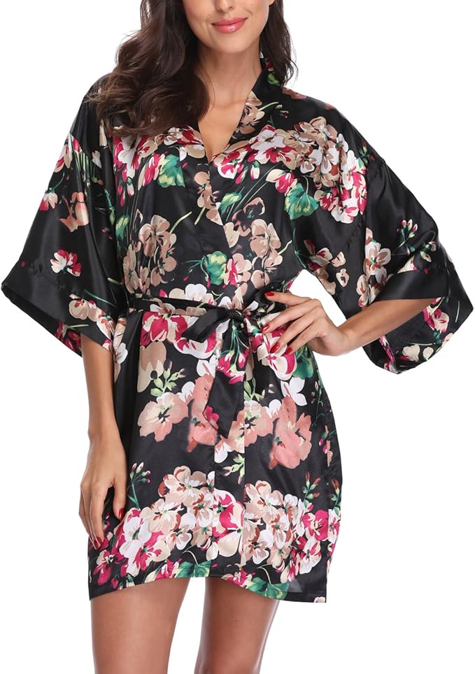Women's Floral Satin Robes Bride Bridesmaid Getting Ready Robe Short Silky Kimono Sleepwear for Wedding Party