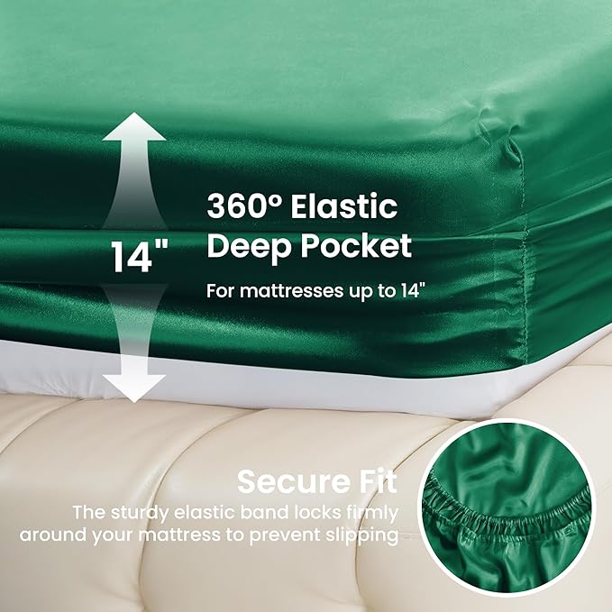 Love's cabin Satin King Sheet Sets - 4 Piece Dark Green Silky Sheets King Size Bed with Deep Pocket, Luxury Silk Feel King Size Satin Sheet Set (1 Flat Sheet,1 Fitted Sheet,2 Pillow Cases)