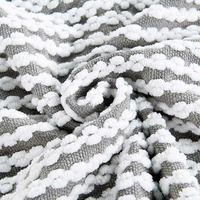 Striped Knit Throw Blanket with Braided Tassels 50" x 60", Hand Knitted Soft Chunky Chain Design Boho Farmhouse Blanket, Two Tone Tassel Decor Throw for Couch Bed Sofa Outdoor, Gray White