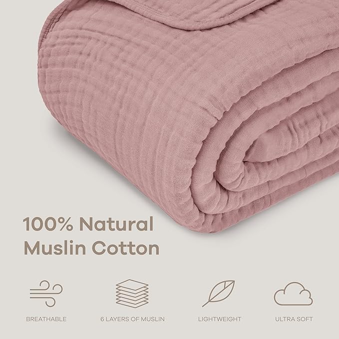 Comfy Cubs Muslin Throw Blanket - 50” x 60” Quilted Design - Lightweight, Breathable 6-Layer Gauze Fabric - Soft Cotton Blanket for Home or Travel - Packaged in Elegant Gift Box - Mauve