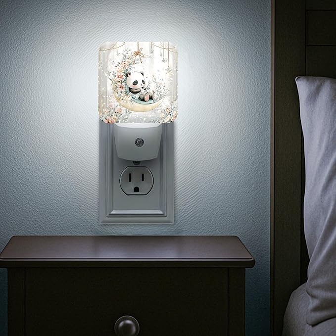Panda Night Lights Plug Into Wall, Cute Fanciful Moon Flowers Spring Pastel Peach Smart Outlet Plug in Led Night Light Lamp for Guest Room Basement Office Decor 1pcs