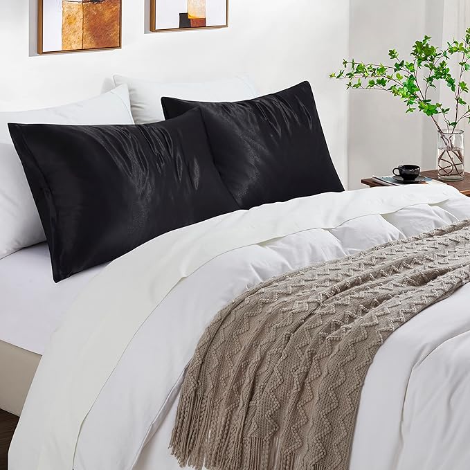 Satin Pillowcases with Zipper （20x36）,King Size Pillowcases Set of 2,Black Silk Pillowcase for Hair and Skin