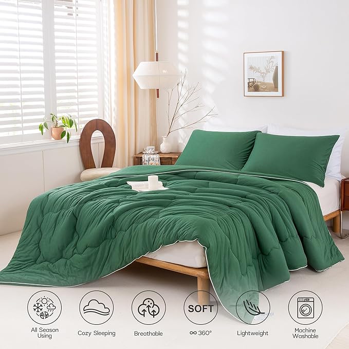 COTTEBED Softness Comforter Set King Size Bed, Jersey Knit Cotton T-Shirt Feel Ultra-Soft Comy Lightweight Bedding Quilt Blanket Pillowsham All Season, California/Cal King Emerald/Hunter/Forest Green
