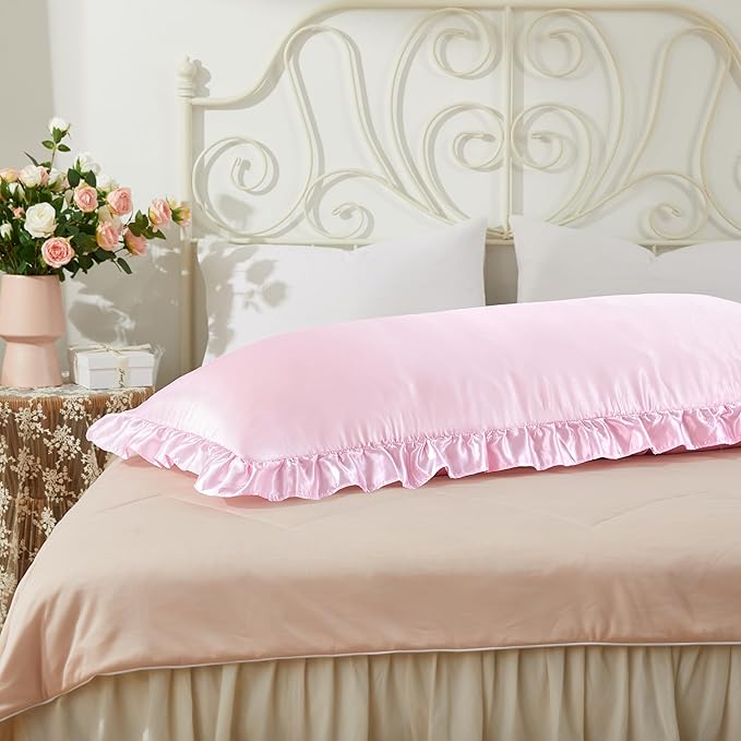 Pink Satin Pillowcases Body Pillow for Hair and Skin,Pink Body Pillow Silk Pillowcase with Envelope Closure Princess Room Decoration