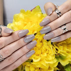 Hypnaughty 24 Pcs Beige Ballerina Press On Nails with Glue Medium Short Length Fake Nails with Glitter Design Glossy Acrylic Press On Nails Full Cover (Beige)