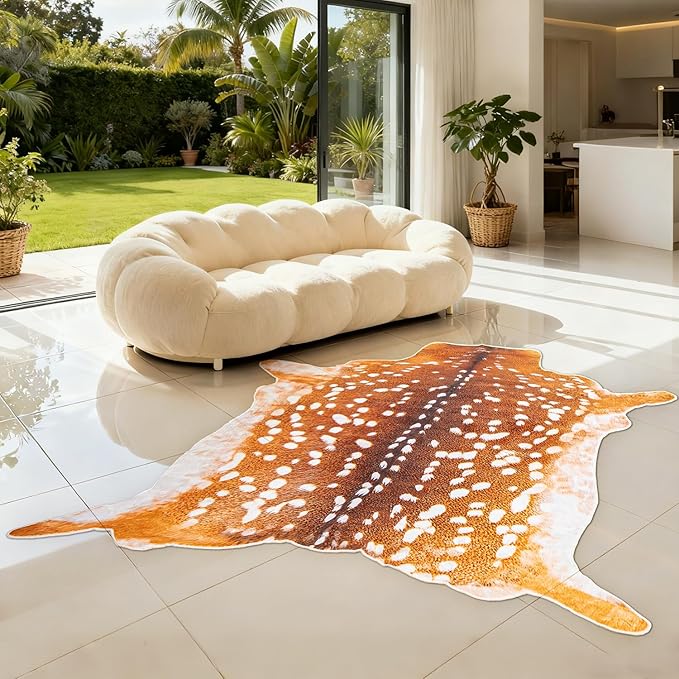 Deer Rug Faux Fur Deer Print Rug, 4.6x5.2 Feet Irregular Shaped Animal Hide Rugs, Soft Faux Cashmere Antelope Fawn Carpet for Living Room, Bedroom, Cabin, Lodge Western Home Decor