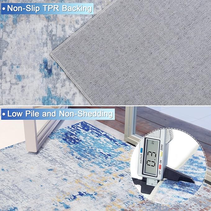 Area Rug 5x7 Washable Rugs Modern Abstract Area Rug Soft Non-Slip Non-Shedding Faux Wool Stain Resistant Floor Carpets for Living Room Bedroom Dining Room Kids Room Home Office (Blue, Ivory)