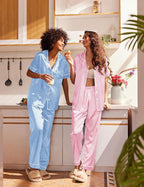 Ekouaer Satin Pajamas Set Women Short Sleeve Sleepwear Soft Button Down Loungewear Pjs Set