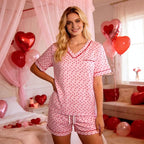 ASTANFY Valentines Day Pajamas Women 2 Piece Silk Valentine Pjs Cute Heart Pajamas V Neck Satin Sleepwear Loungewear Set