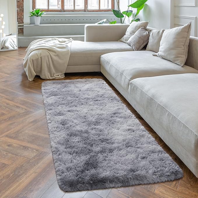 Softlife Area Rug for Bedroom, Fluffy Shag Plush Tie Dyed Rainbow Grey for Living Room Girls, Shaggy Throw Carpet for Kids Soft Fuzzy Runner Small 2x6 Runners for Hallways Dorm