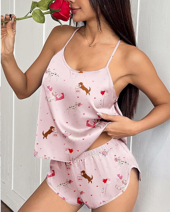 Ekouaer Silk Pajamas Set for Women Satin Backless Lingerie Pjs Cami Top and Shorts Nightwear