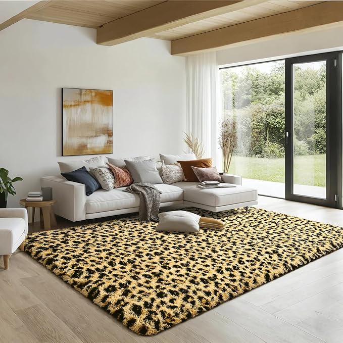 HOMORE Leopard Fluffy Rugs 6x9, Leopard Print Rug for Living Room Bedroom,Soft Cheetah Print Rug for Kids Children Room, Faux Animal Printed Carpet for Western Decor,Black and Khaki