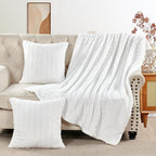 Striped Throw Blanket and Pillow Covers Set (No Inserts) for Couch and Bed, Plush Warm Lightweight Fuzzy Faux Fur Blanket for All Seasons (50" x 60", Pure White)
