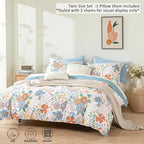 ALEISSEL Blue Floral Cotton Comforter Twin Size - Vibrant Artistic Blooms & Boho Geometric Patterns, White & Soft Blue, 2PC Lightweight Bedding Sets with Down Alternative Fill(68"×90")
