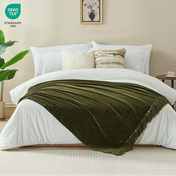 Chenille Throw Blanket for Couch with Tassels,60"X80" Soft Cozy Lightweight Knitted Boho Decorative Blankets for Bed and Sofa,Olive Green