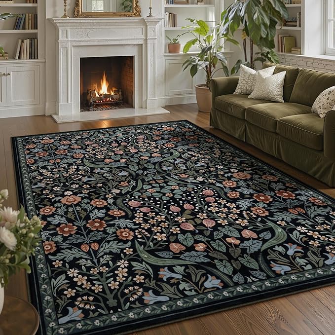 Lahome Claude Floral 8x10 Black Rugs for Living Room, Soft Washable Large Area Rug for Bedroom Dining Room, Botanical Lightweight Stain-Resistant Boho Carpet for Guestroom Indoor