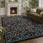 Lahome Claude Floral 8x10 Black Rugs for Living Room, Soft Washable Large Area Rug for Bedroom Dining Room, Botanical Lightweight Stain-Resistant Boho Carpet for Guestroom Indoor