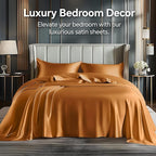 BEDELITE King Size Sheets Set, Luxury Soft Burnt Orange Satin Sheets for Hair and Skin, Similar to Silk Bed Sheets Set 4 Pieces with 1 Deep Pocket Fitted Sheet, 1 Flat Sheet, and 2 Pillowcases