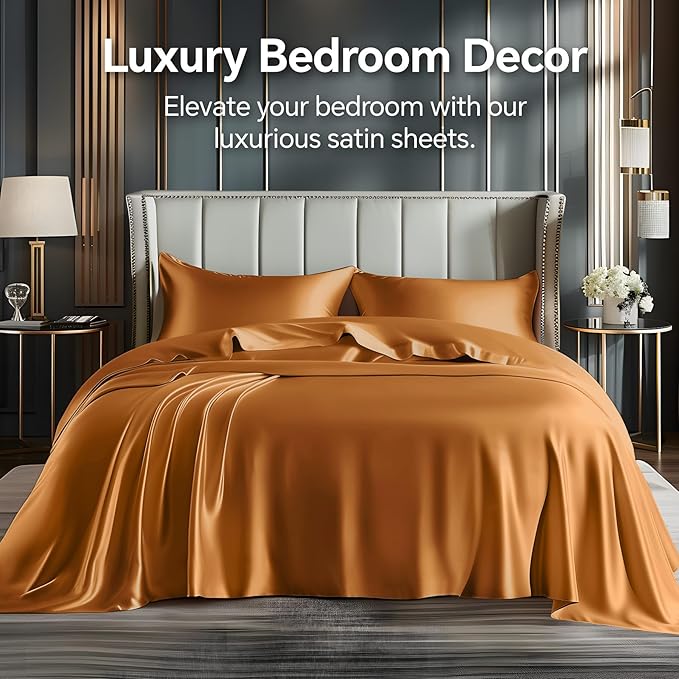 BEDELITE Satin Sheets Full Size Bed Set, Luxury Soft Burnt Orange Silky Sheets for Hair and Skin, Similar to Silk Bed Sheets Set 4 Pieces with 1 Deep Pocket Fitted Sheet, 1 Flat Sheet, 2 Pillowcases