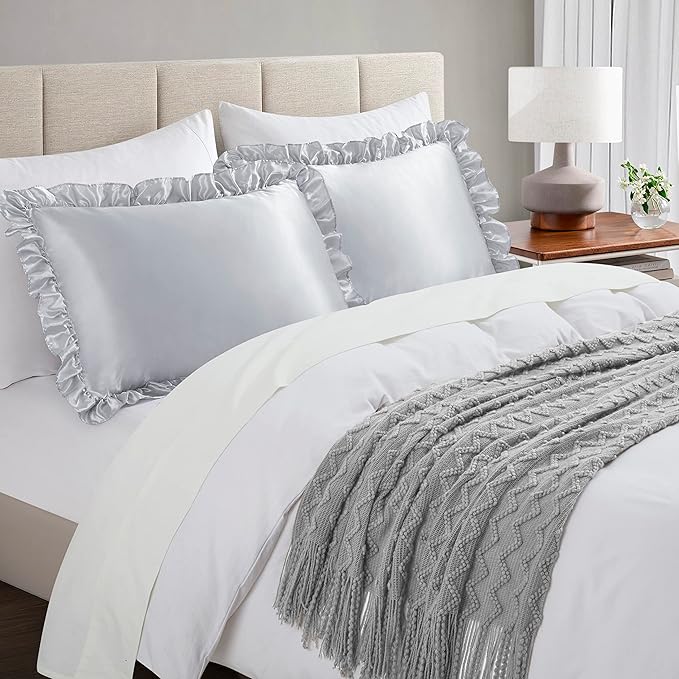 Silky Satin Ruffled Pillow Cases for Hair and Skin,Light Gray Silk Pillowcases Standard Set of 2 with Envelope Closure Princess Room Decoration