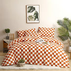 CLOTHKNOW Orange Plaid Comforter Set King Size Grid Bedding Comforter Sets Soft Lightweight Caramel Comforter King Checker Comforter