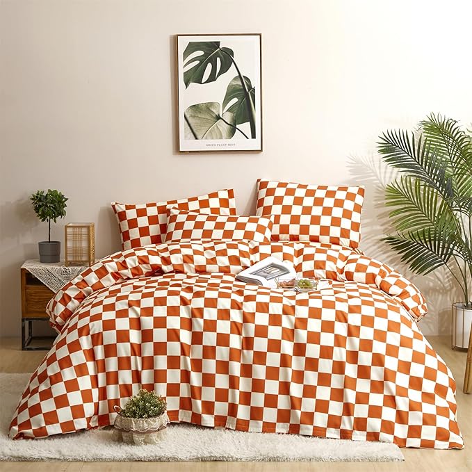 CLOTHKNOW Orange Plaid Comforter Set King Size Grid Bedding Comforter Sets Soft Lightweight Caramel Comforter King Checker Comforter