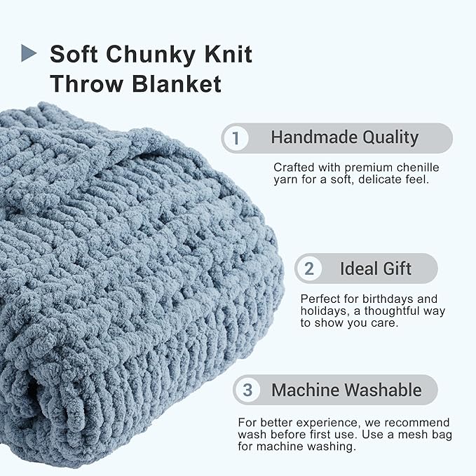 Battilo Bluish Grey Chenille Throw Blanket, Chunky Knit Throw Blanket for Couch, Soft Cozy Warm Cable Knit Blankets for Bed, Sofa, Living Room, 50"x60"