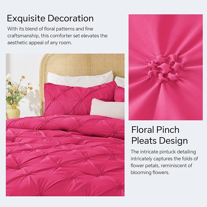 BEDELITE Hot Pink Twin Comforter Set - 2 Peices Boho Pintuck Bedding Comforter Sets, Lightweight Soft & Warm Twin Bedding Sets with 1 Pillowcase for All Season