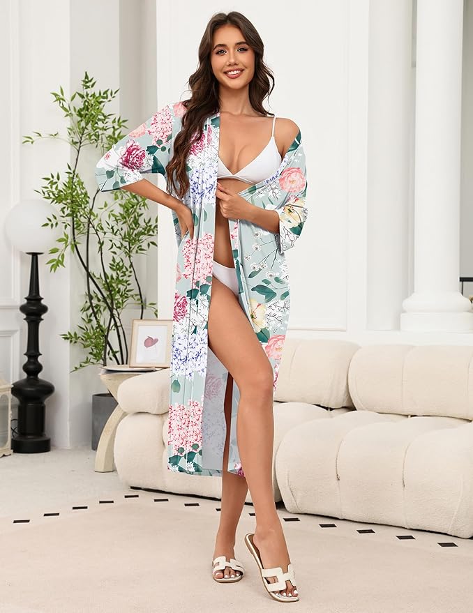 Ekouaer Robes for Women Long Knit Bathrobe Lightweight 3/4 Sleeves Kimono Robe Soft Sleepwear with Pockets S-XXL