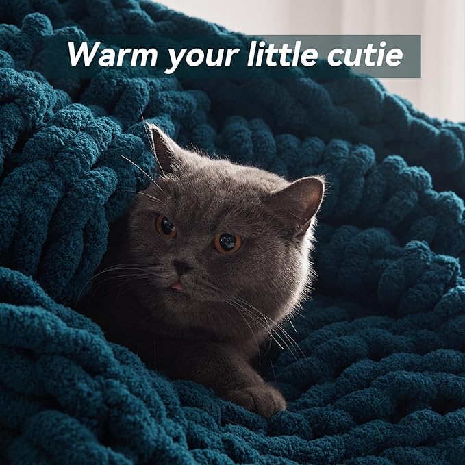 Negwoo Chunky Knit Throw Blanket, 80''*90'' Knitted Throw Chenille Yarn for Bed Couch, Handmade Peacock Blue Crochet Big Thick Blanket, Machine Washable Cute Comfy Blanket for Home Decor