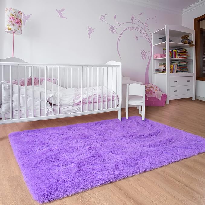 Noahas Fluffy 3x5 Purple Rugs for Bedroom Girls,Shaggy Kids Rug,Thick Shag Throw Floor Carpet,Soft Non-Slip Dorm Nursery Area Rugs for Living Room Home Decor