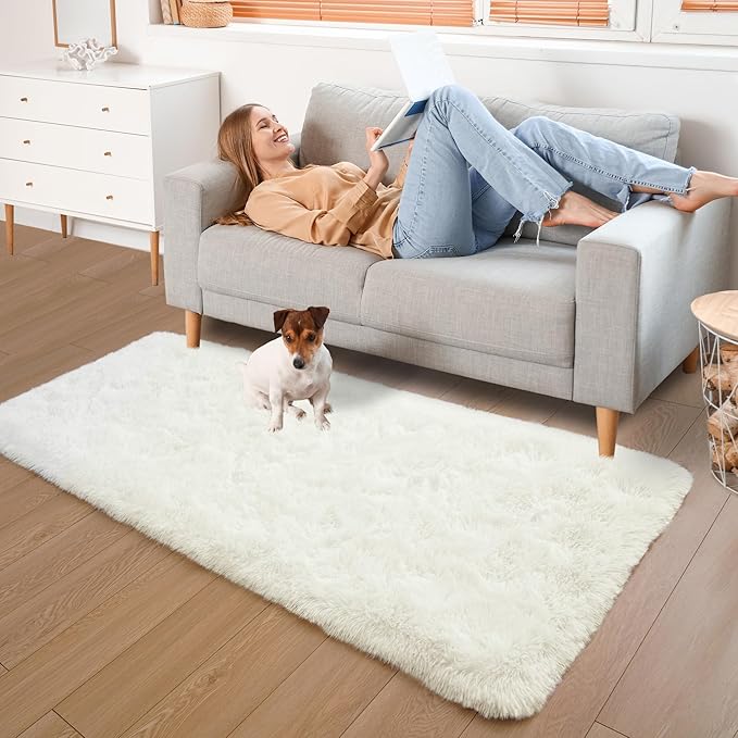 YJ.GWL Fluffy Runner Rugs for Bedroom Living Room Soft Shag Rug 2x6 Feet, Cream Plush Carpet Non Slip for Nursery Dorm, Fuzzy Bedside Rug for Kids Boys Room Home Decor