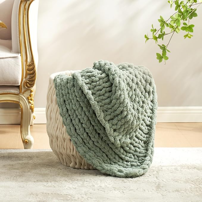 Amélie Home Chunky Knit Throw Blanket for Couch, Soft Chenille Handmade Crochet Throw Rope Knot Blanket for Children, 40"x50", Sage Green