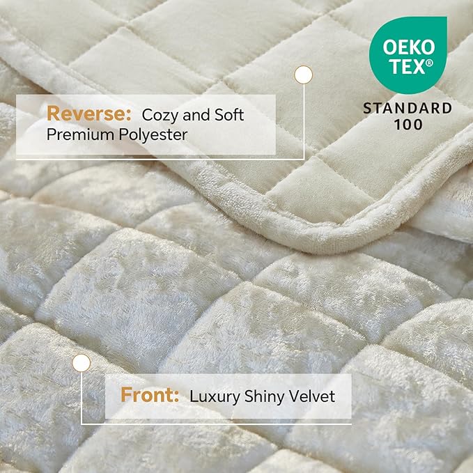 BEDELITE Velvet Quilt Set Queen Size - Luxury Velvet Comforter Bedding Set 3 Pieces, Lightweight Soft Cozy Shiny Cream White Oversized Bedspread Coverlet for All Seasons with 2 Pillow Shams