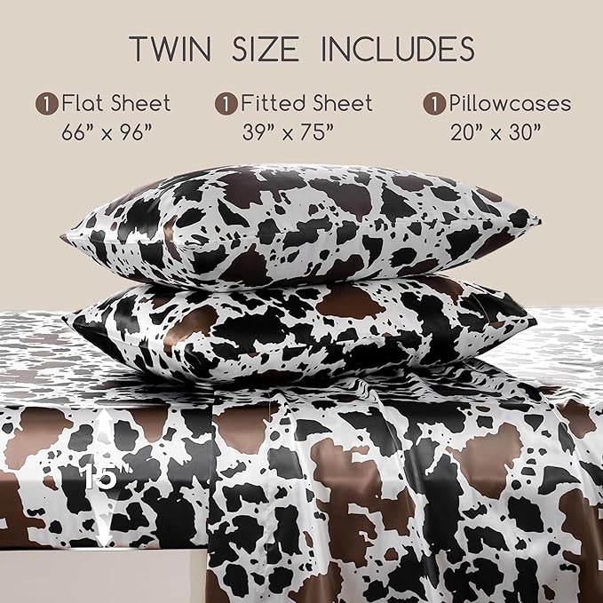 MR&HM Satin Sheets with Elastic Corner Straps, Twin Size 3-Piece Silky Bedding Set, Deep Pocket 15 Inches, Good for Hair & Skin (Twin, Cow Print)
