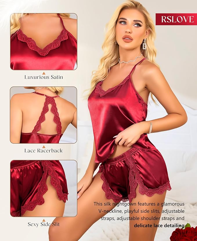 RSLOVE Women Pajama Set Sleepwear - Satin Pajamas Silk V Neck Cami and Shorts Pjs 2 Piece Womens Sexy Lace Lounge Nightwear