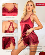 RSLOVE Women Pajama Set Sleepwear - Satin Pajamas Silk V Neck Cami and Shorts Pjs 2 Piece Womens Sexy Lace Lounge Nightwear