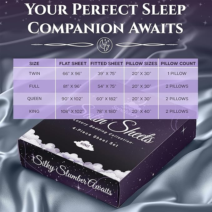SLEEP SANCTUARY Satin Sheets Queen Size – 4 Piece Luxury Silky Bed Set, Softer Than Silk, 15" Deep Pocket, Cooling & Wrinkle-Free, Moisture-Wicking & Breathable for Hair & Skin (Baby Blue)