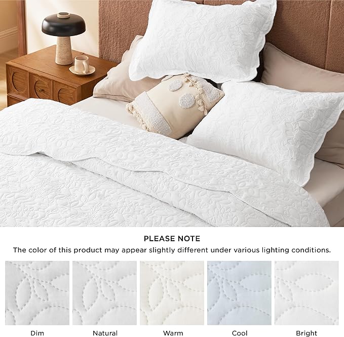 Bedsure Quilt King Size - Ultra Soft Pre-Washed Cloud-Like Bedding, All-Season Lightweight Comforter for Country Bedroom, Leaf Design Coverlet in Pure White, 106 x 96 Inches | Stitch-Free Quilting, Ultra Soft, Lightweight, Machine Washable, Pet-Friendly