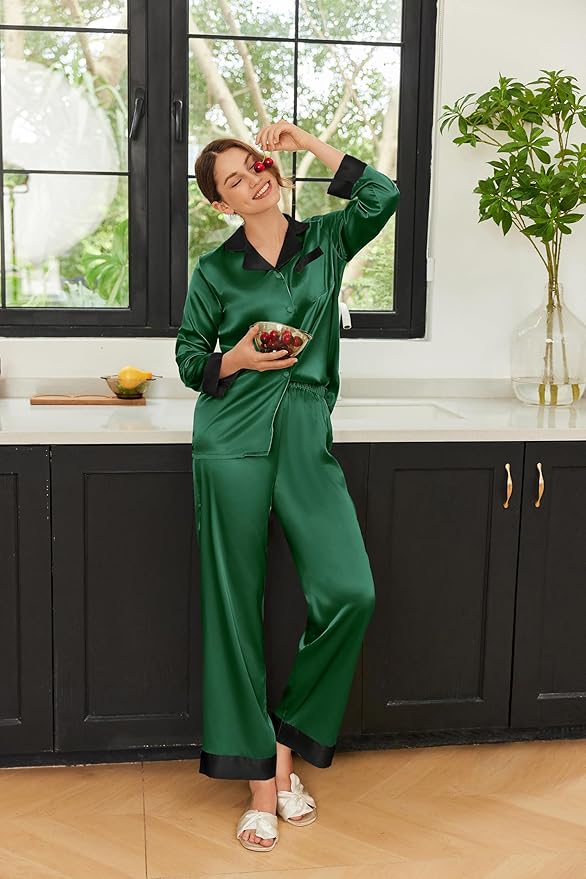 Ekouaer Silk Pajamas for Women Long Sleeve Satin Pajama Set Silky Pj Sets 2 Piece Button Down Loungewear Sleepwear