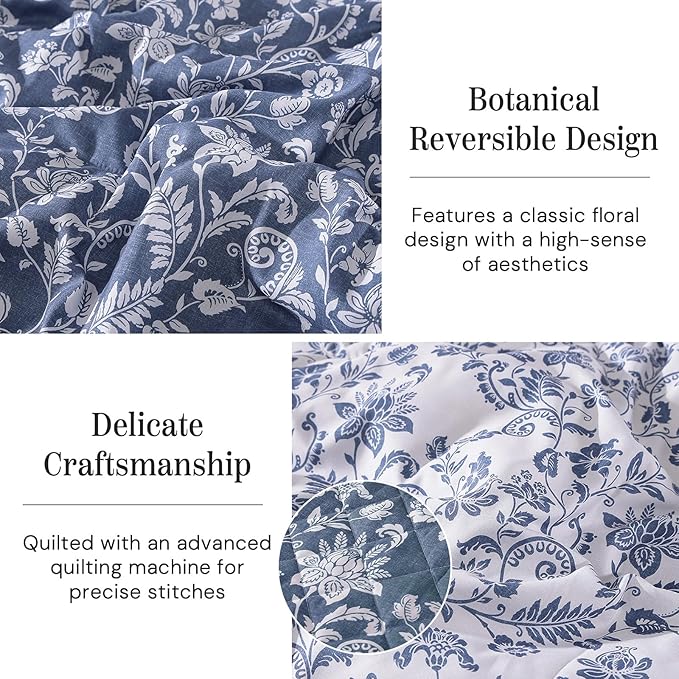 BLOOMHAVEN Quilt Set King Size, Oxford Blue Floral Quilt Sets, Reversible Bedspread Lightweight and Breathable for All Seasons, Soft Quilted Bedspread with 2 Pillow Shams