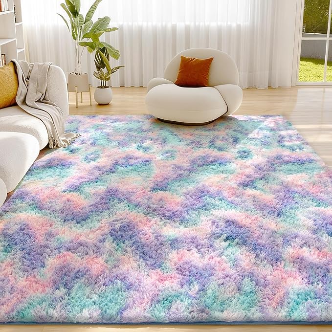 Litanika 9x12 Fluffy Shag Faux Fur Area Rug for Living Room Bedroom, Tie-Dyed Blue Rainbow High Pile Soft Plush Furry Bedside Playroom Dorm Carpet, Non-Slip, Non-Shedding Modern Indoor Floor Rug