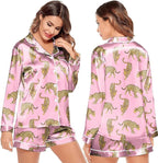 Ekouaer Satin Pajama Set for Women Button Down Pj Set Long Sleeve Top and Shorts 2 Piece Loungewear Summer Soft Sleepwear