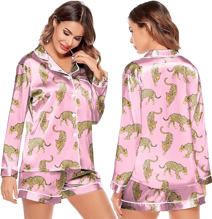 Ekouaer Satin Pajama Set for Women Button Down Pj Set Long Sleeve Top and Shorts 2 Piece Loungewear Summer Soft Sleepwear