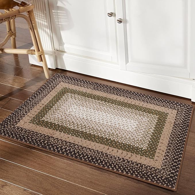 RUGSREAL Entry Rug 2x3 Small Area Rug Machine Washable Bedroom Carpet Non Slip Bathroom Mat Stain Resistant Kitchen Area Rug Farmhouse Carpet Modern Rustic Rug for Living Room Dining Room, Moss/Brown