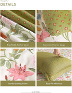 ALEISSEL Luxurious Cotton 3pcs Floral Comforter Sets Queen Size - Blush, Yellow & Blue Spring Garden Floral Prints on White, Warm Olive Green Reverse,Vintage Lightweight Bedding Sets(Queen 90"×90")